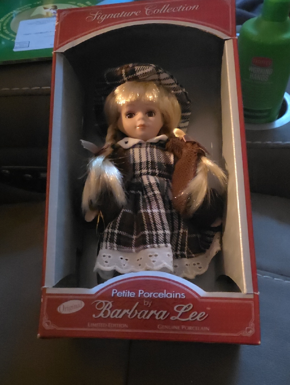 Petite Porcelain Doll in Brown Plaid Outfit